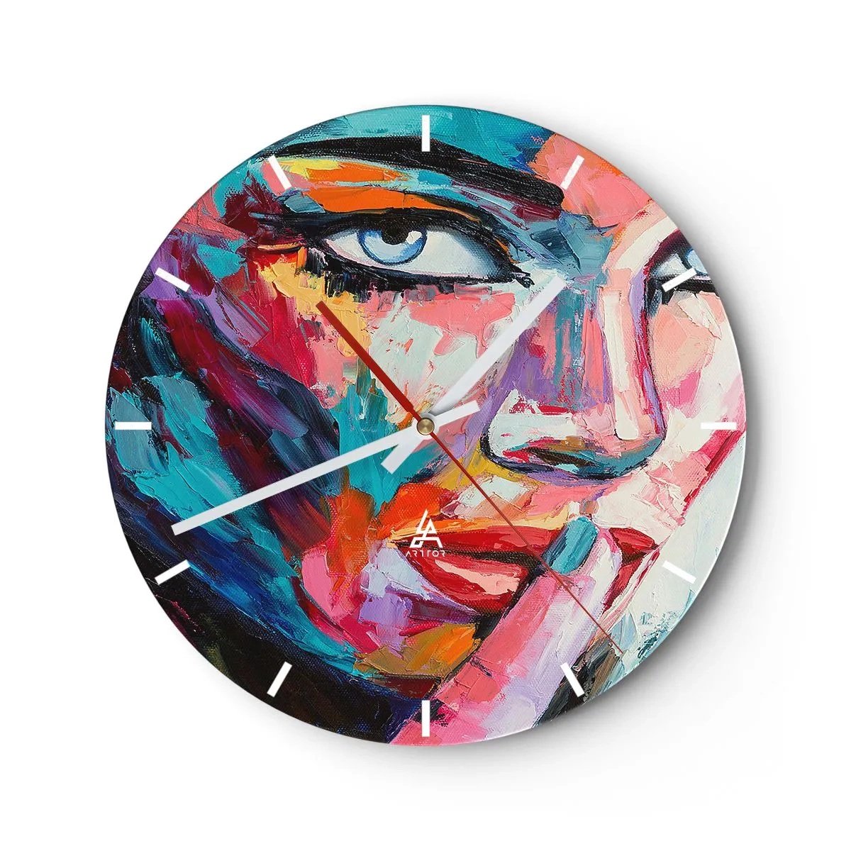 Nástenné hodiny - Portrét ženy v abstraktnom štýle so živými farbami - 30x30cm - Naše prvé tajomstvo - Moderná nástenná dekorácia do obývacej izby, kuchyne a spálne ARTTOR