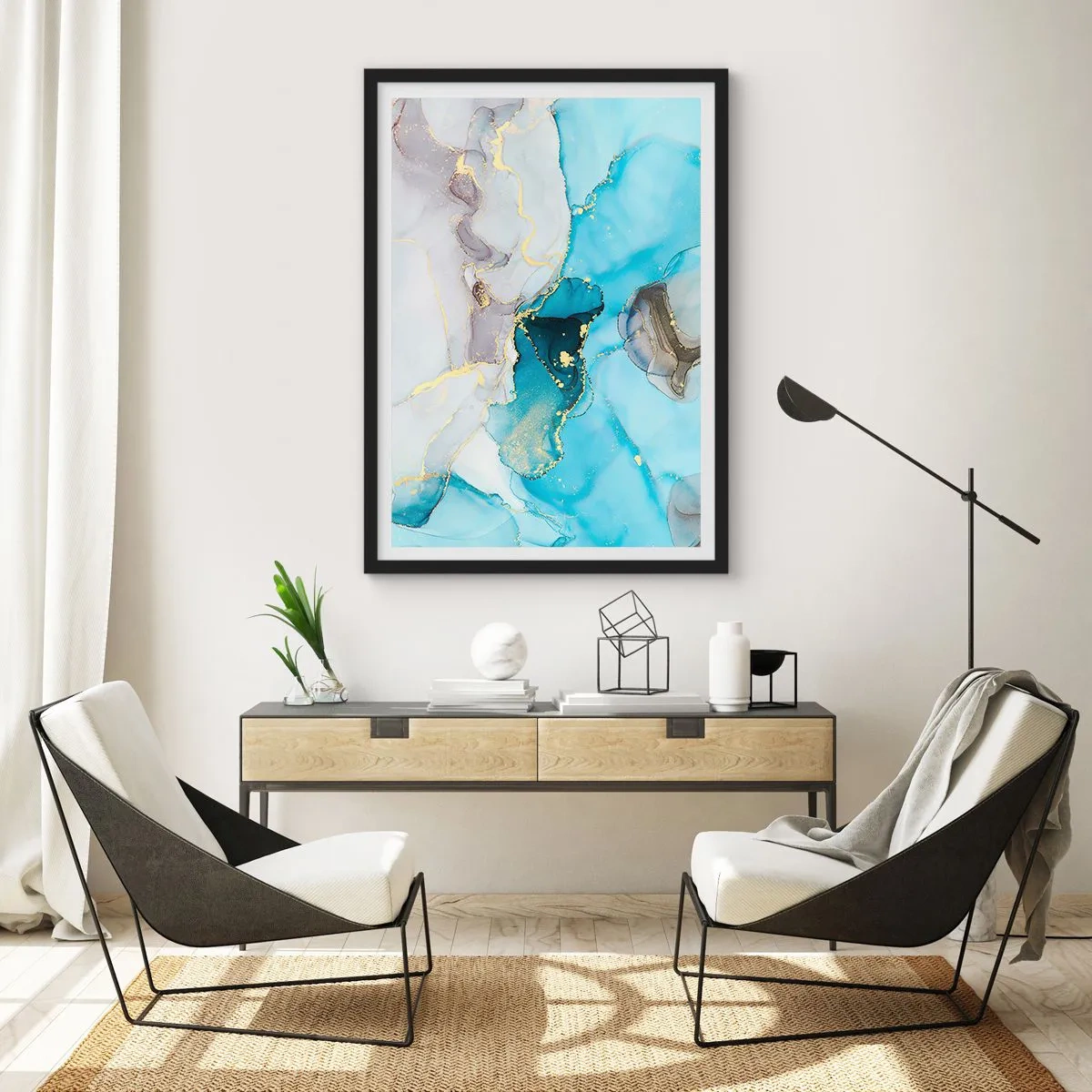 Plagát v čiernom ráme - Štúdia o stretnutí šedej a tyrkysovej - 30x40 cm