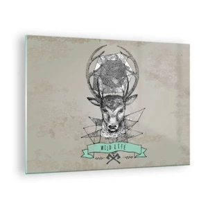 Obraz na skle - Geometrická kresba jeleňa s nápisom Wild Life - 70x50cm - Videnie sv. Huberta - Moderná nástenná dekorácia do obývacej izby a spálne ARTTOR