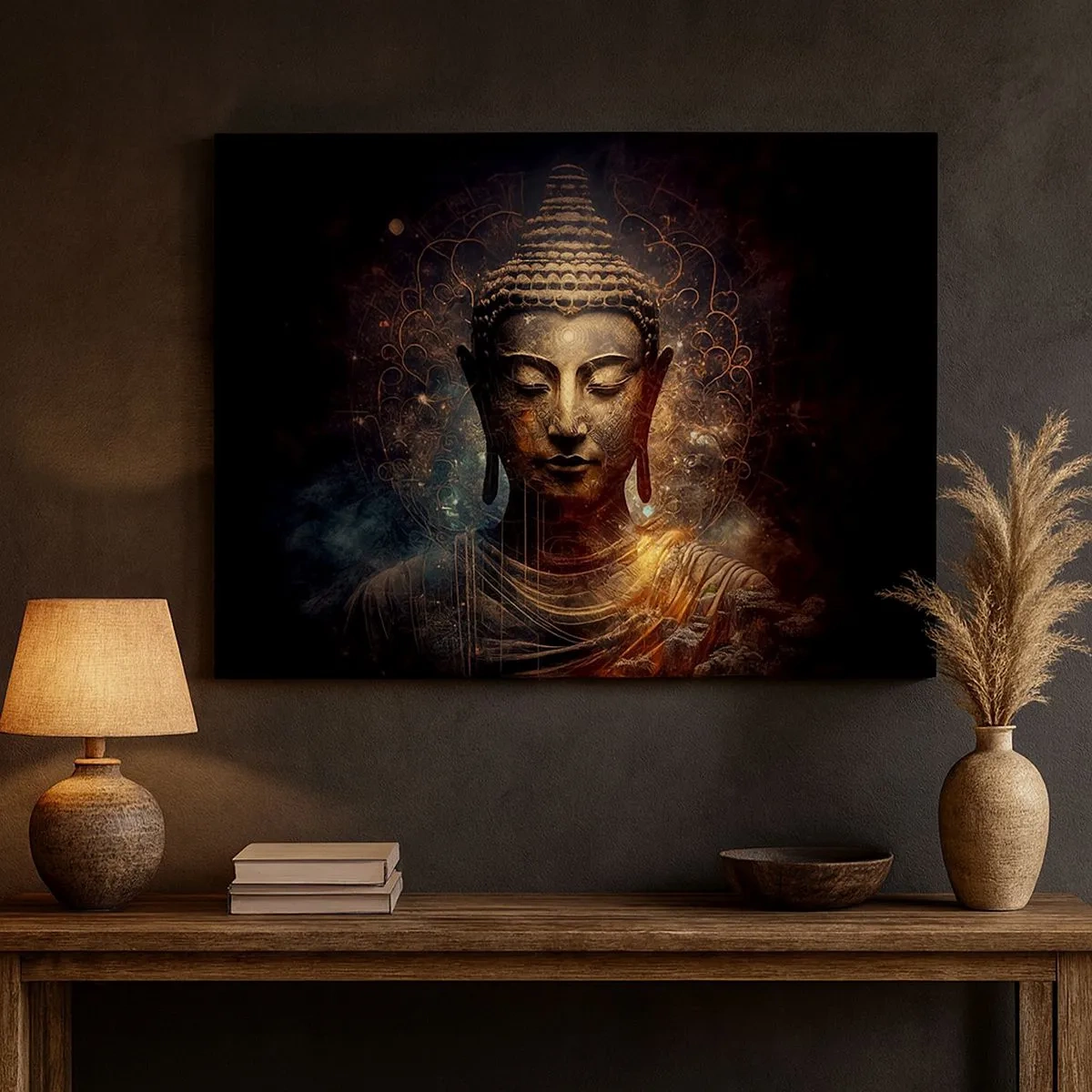 Obraz na plátne - Zlatý Budha na tmavom pozadí s ornamentami - 70x50cm - Duchovná rovnováha - Moderná nástenná dekorácia do obývacej izby a spálne ARTTOR