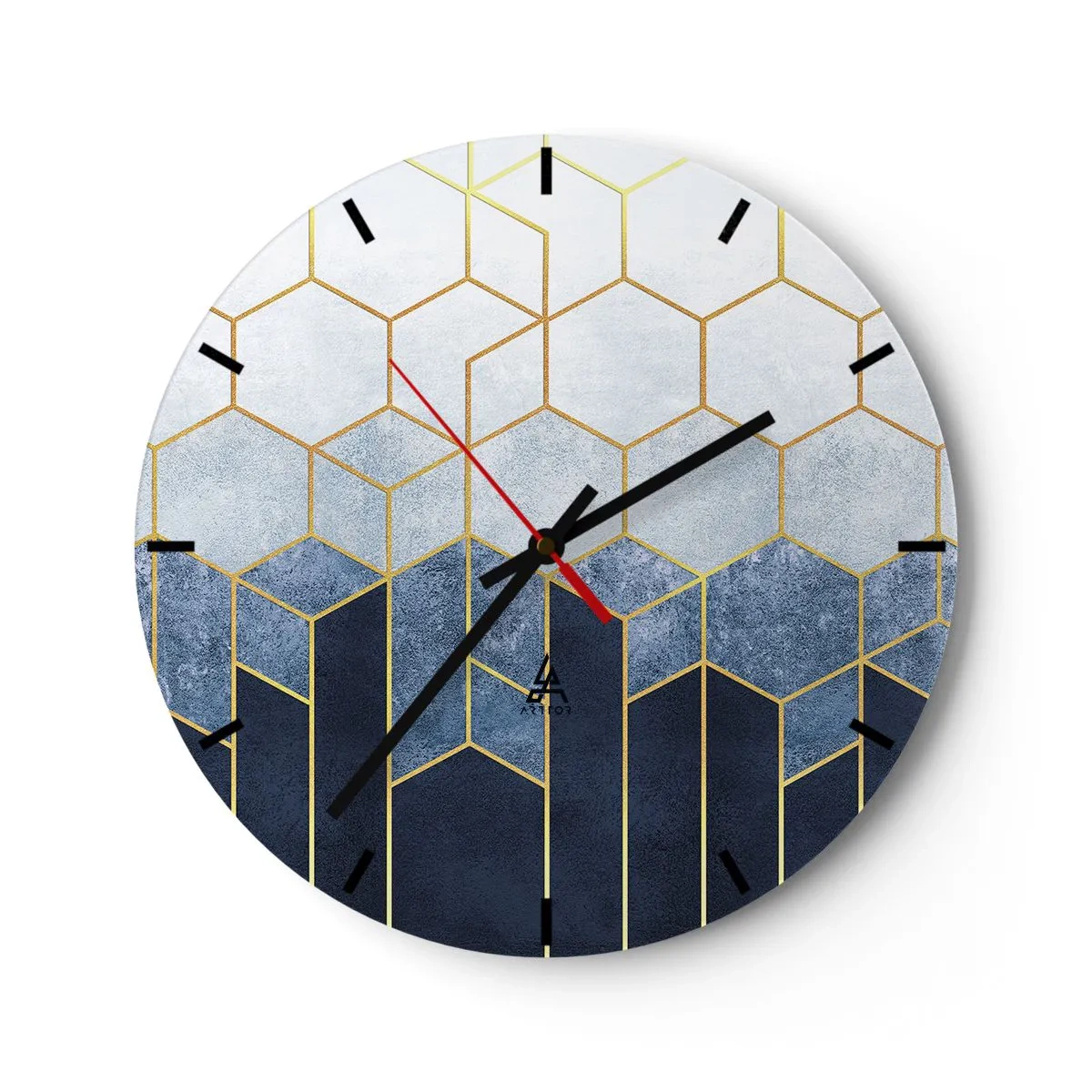 Nástenné hodiny - Geometrický vzor kocky v odtieňoch modrej a zlatej - 30x30cm - Kompozícia v synkopickom rytme - Moderná nástenná dekorácia do obývacej izby, kuchyne a spálne ARTTOR