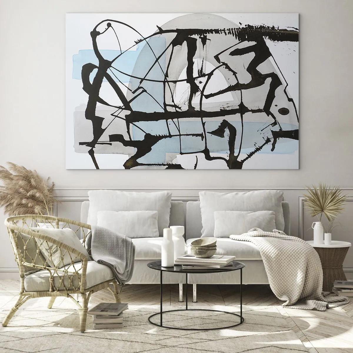 Obraz na skle - Abstraktná kompozícia s čiernou skicou a modrými škvrnami - 70x50cm - Aj napriek tomu modrý - Moderná nástenná dekorácia do obývacej izby a spálne ARTTOR
