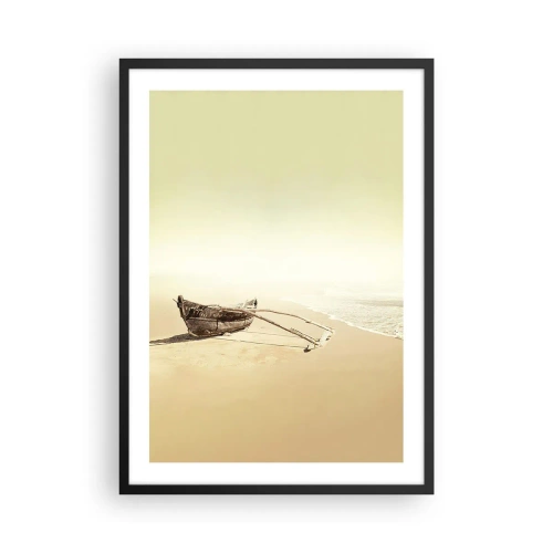 Plagát v čiernom ráme - Osamelá drevená loď na prázdnej pláži v pastelových farbách. - 50x70cm - Spomienka na južné more - Moderná nástenná dekorácia do obývacej izby a spálne ARTTOR