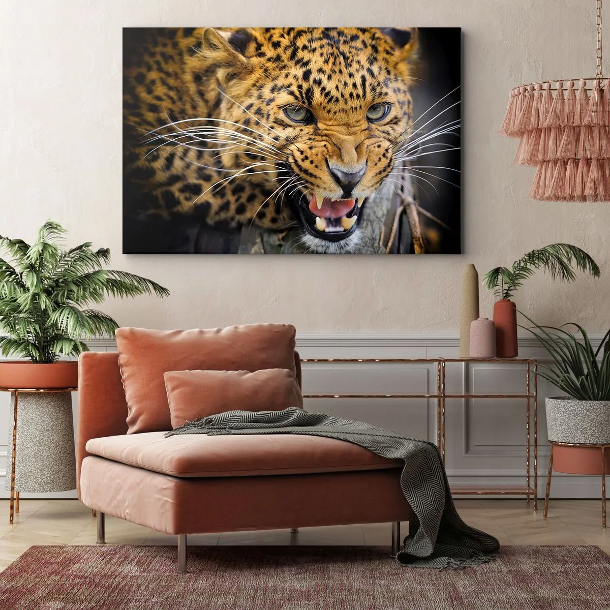 Obraz na plátne - Detailný záber hrozivého leoparda s obnaženými tesákmi. - 70x50cm - Nepribližuj sa, varujem! - Moderná nástenná dekorácia do obývacej izby a spálne ARTTOR