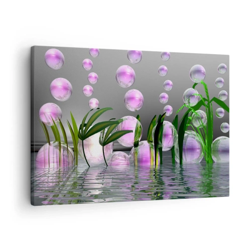 Obraz na plátne - Zelené listy a ružové bubliny nad vodou na sivom pozadí - 70x50cm - Reflexná kompozícia ľahkosti a života - Moderná nástenná dekorácia do obývacej izby a spálne ARTTOR