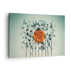 Obraz na plátne - Oranžové slnko medzi bambusovými konármi - 70x50cm - Japonské slnko - Moderná nástenná dekorácia do obývacej izby a spálne ARTTOR