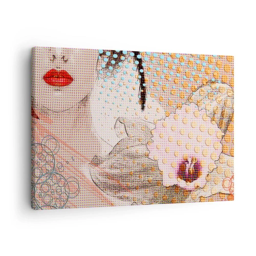 Obraz na plátne - Abstraktné umelecké dielo s motívom úst a orchidey - 70x50cm - Komiksový heroín - Moderná nástenná dekorácia do obývacej izby a spálne ARTTOR