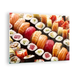 Obraz na skle - Farebná sushi kompozícia s rôznymi ingredienciami - 70x50cm - Farby a chute Ázie - Moderná nástenná dekorácia do obývacej izby a spálne ARTTOR