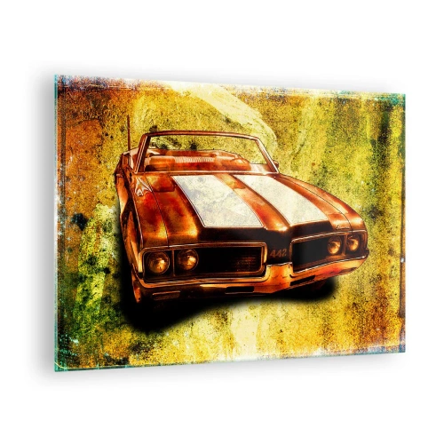 Obraz na skle - Vintage športový kabriolet na umeleckom pozadí - 70x50cm - Sila začarovaná do tvarov - Moderná nástenná dekorácia do obývacej izby a spálne ARTTOR