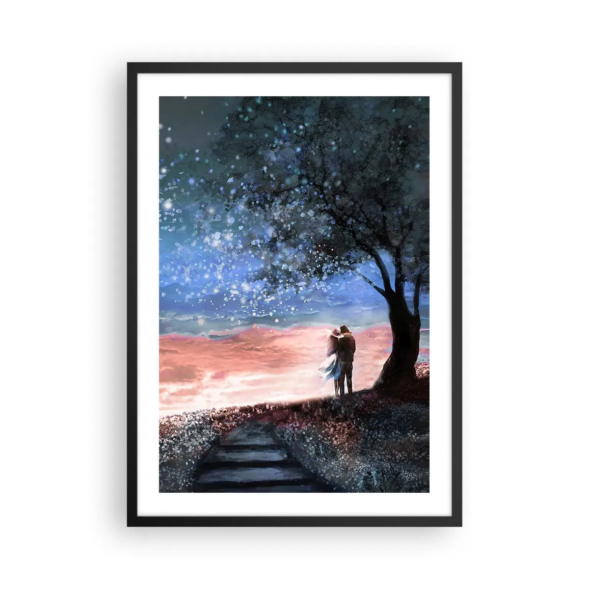 Plagát v čiernom ráme - Pár pod stromom v hviezdnom svetle a malebnej krajine - 50x70cm - Hviezdicovité predstavenie - Moderná nástenná dekorácia do obývacej izby a spálne ARTTOR