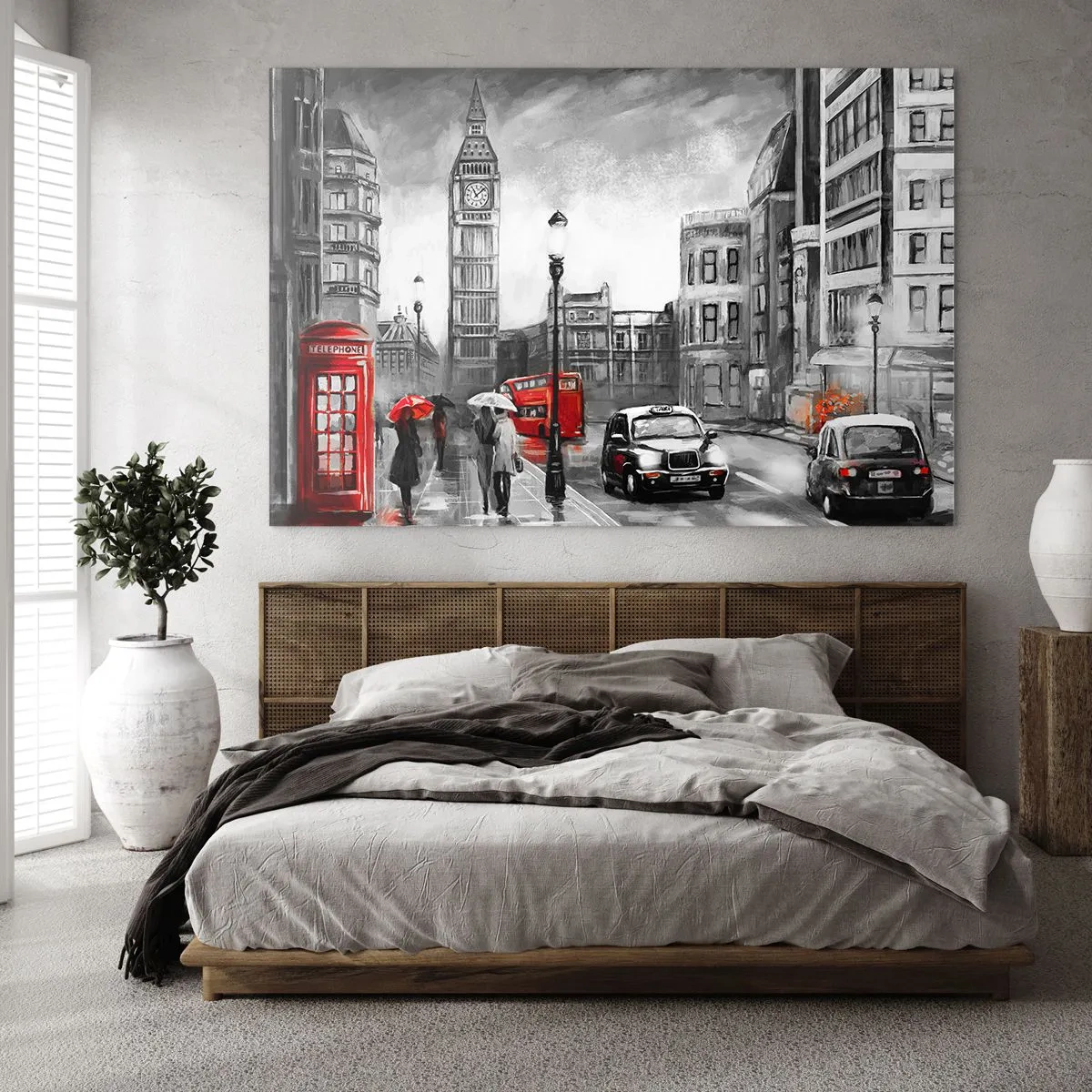 Obraz na skle - Big Ben a ulice Londýna s červenými akcentmi na sivom pozadí - 70x50cm - Vôbec nie šedé mesto - Moderná nástenná dekorácia do obývacej izby a spálne ARTTOR