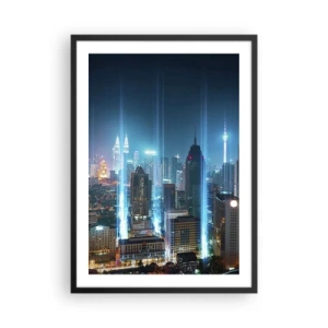 Plagát v čiernom ráme - Nočná krajina centra mesta s mrakodrapmi - 50x70cm - Berlínskym spôsobom do neba - Moderná nástenná dekorácia do obývacej izby a spálne ARTTOR