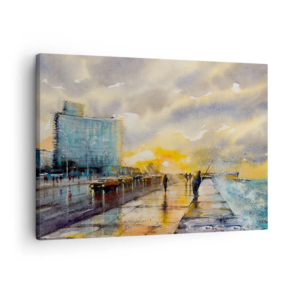 Obraz na plátne - Malebný výhľad na prímorskú promenádu pri západe slnka - 70x50cm - Život na pobreží - Moderná nástenná dekorácia do obývacej izby a spálne ARTTOR