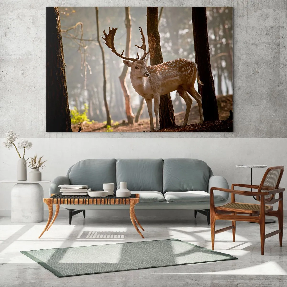 Obraz na skle - Jeleň v lese obklopený rannou hmlou - 70x50cm - Svetlo mladosti - Moderná nástenná dekorácia do obývacej izby a spálne ARTTOR