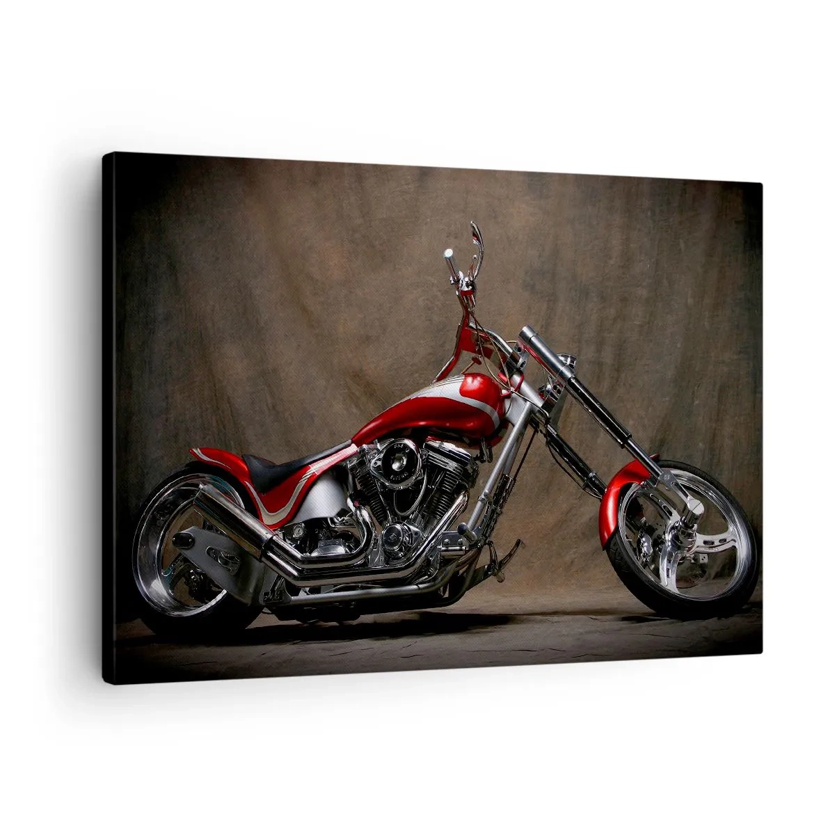 Obraz na plátne - Červený zákazkový motocykel na hnedom látkovom pozadí - 70x50cm - Červeno-strieborná krása - Moderná nástenná dekorácia do obývacej izby a spálne ARTTOR