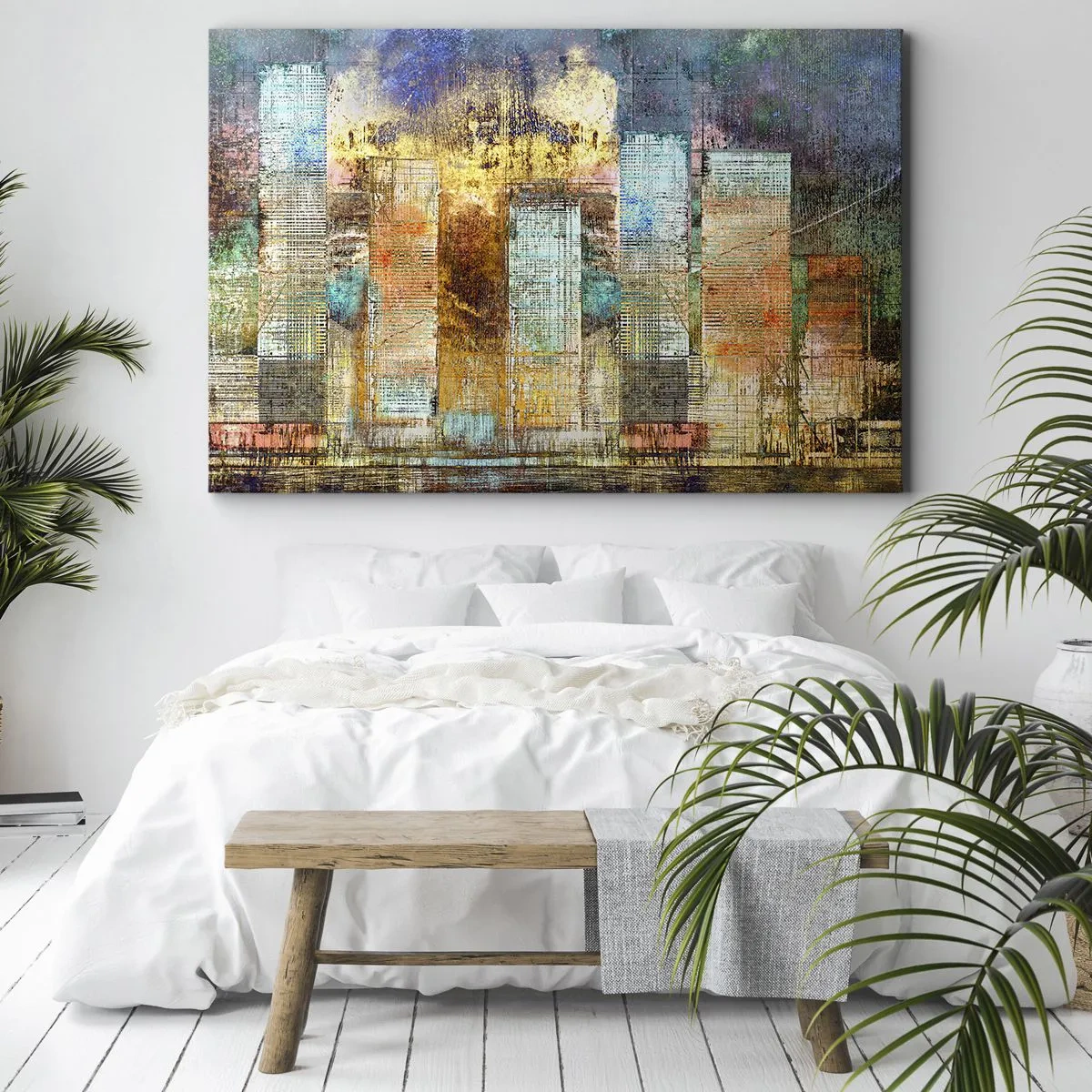 Obraz na plátne - Abstraktné mrakodrapy v industriálnom štýle - 70x50cm - Slnečná metropola - Moderná nástenná dekorácia do obývacej izby a spálne ARTTOR