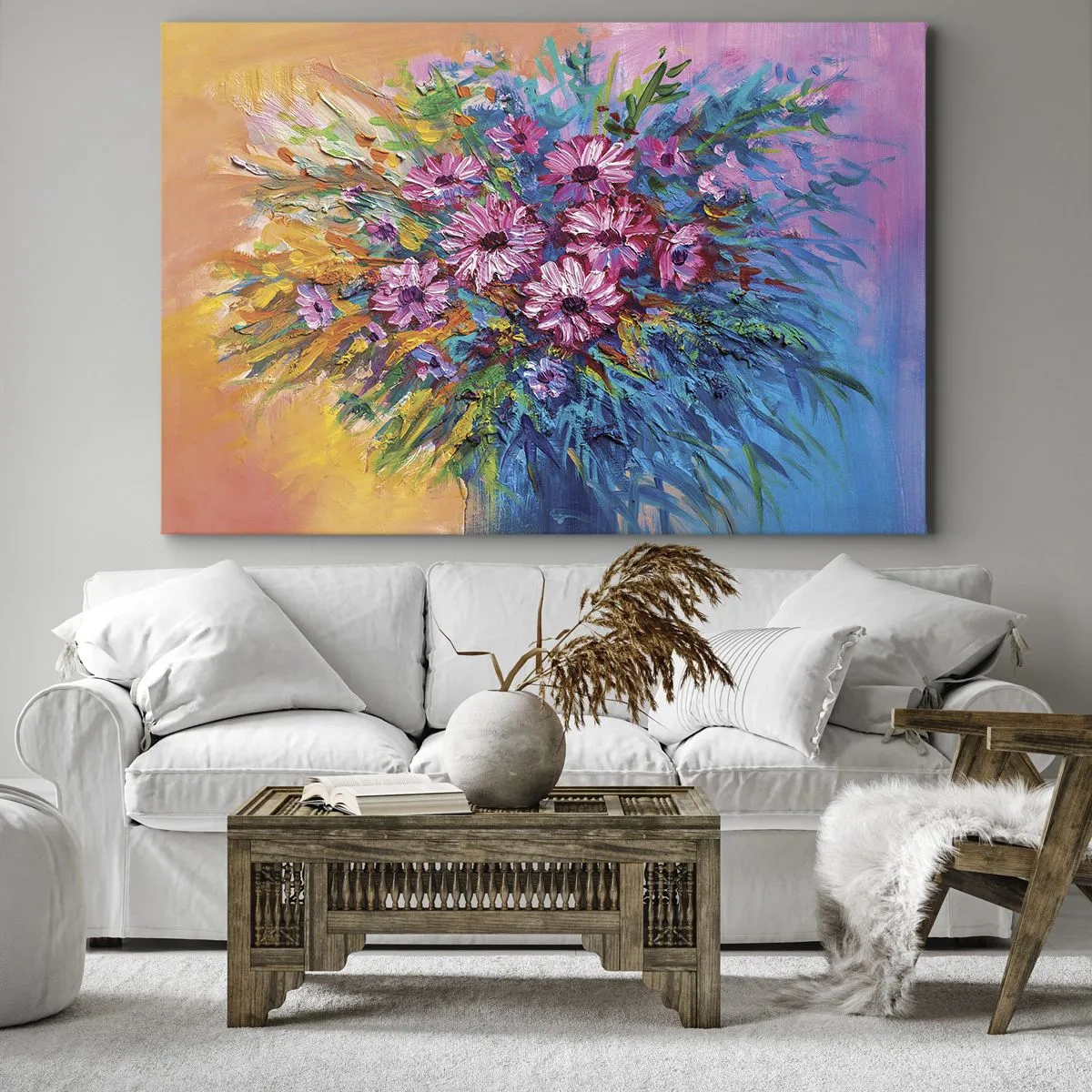 Obraz na plátne - Farebné kvety v kytici na pastelovom pozadí - 70x50cm - Energia života - Moderná nástenná dekorácia do obývacej izby a spálne ARTTOR