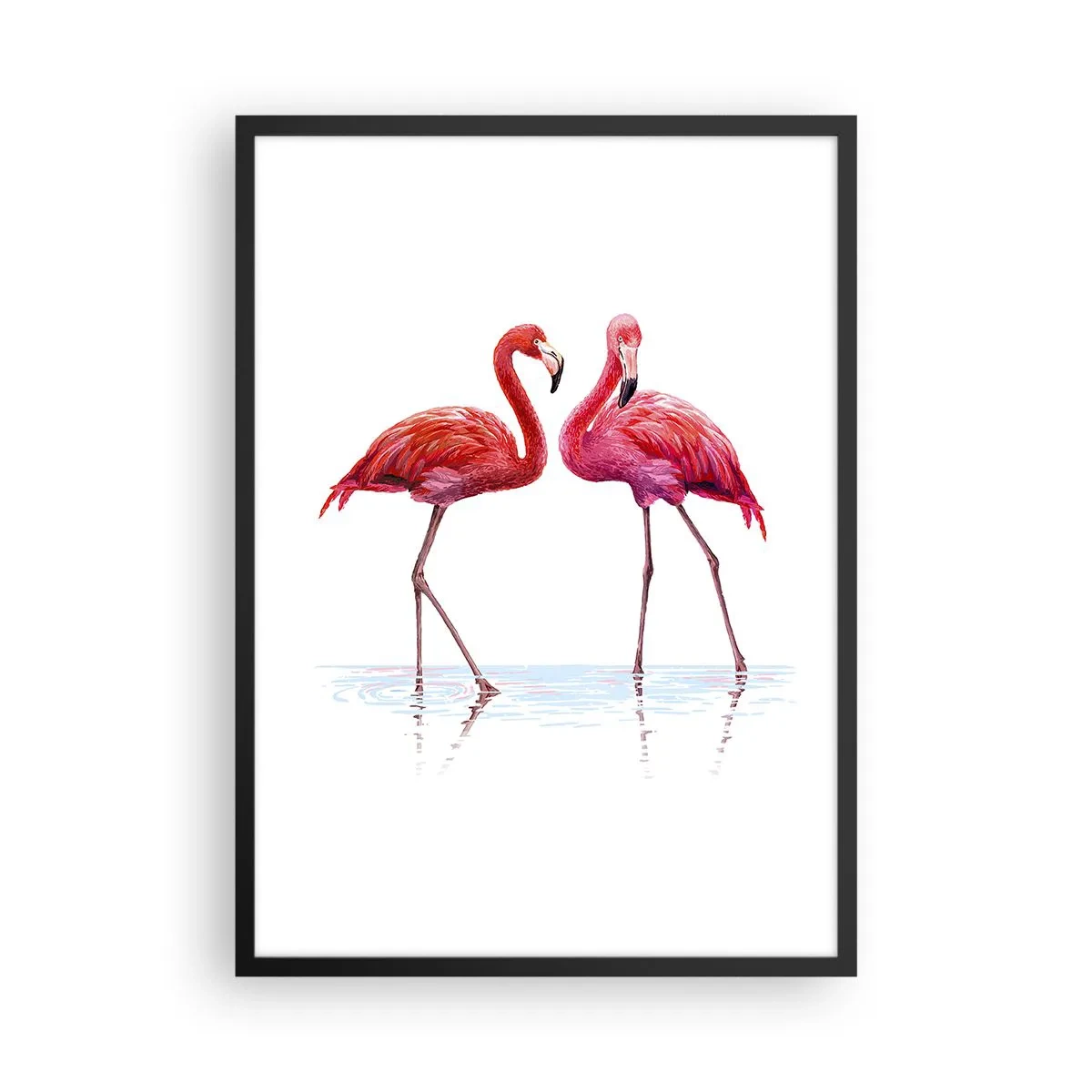 Plagát v čiernom ráme - Dva plameniaky na bielom pozadí s odrazom vo vode - 50x70cm - Ružové rendez-vous - Moderná nástenná dekorácia do obývacej izby a spálne ARTTOR