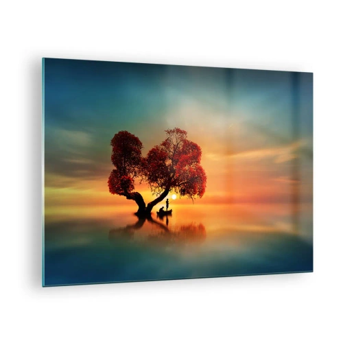 Obraz na skle - Strom s červenými listami na pozadí západu slnka - 70x50cm - Voda a ticho vesmíru - Moderná nástenná dekorácia do obývacej izby a spálne ARTTOR