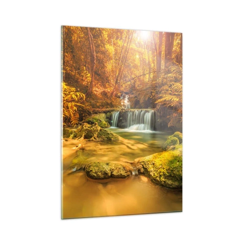Obraz na skle - Lesný vodopád v zlate - 50x70 cm