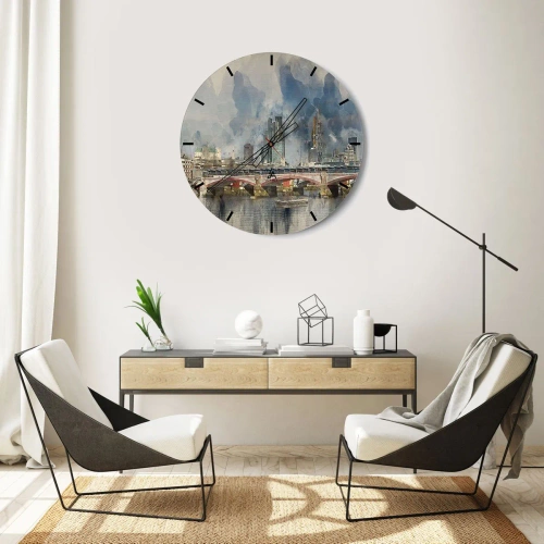 Nástenné hodiny - Londýnsky most a panoráma mesta v akvarelovom štýle - 30x30cm - Londýn v celej svojej kráse - Moderná nástenná dekorácia do obývacej izby, kuchyne a spálne ARTTOR