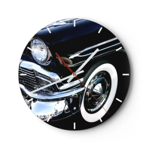Nástenné hodiny - Lesklé čierne retro auto s klasickým štýlom - 30x30cm - Klasika v striebornej, čiernej a bielej - Moderná nástenná dekorácia do obývacej izby, kuchyne a spálne ARTTOR