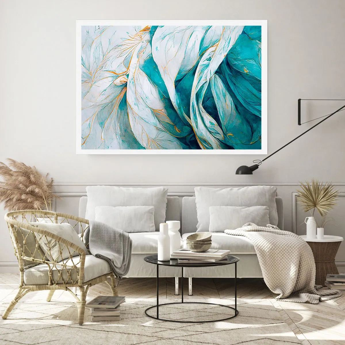 Plagát - Modrá abstrakcia so zlatým motívom - 100x70 cm