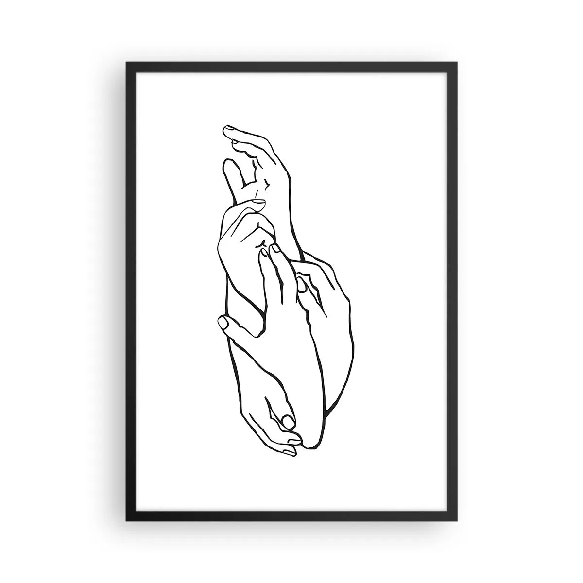 Plagát v čiernom ráme - Minimalistická skica zopnutých rúk na bielom pozadí. - 50x70cm - Dobrý dotyk - Moderná nástenná dekorácia do obývacej izby a spálne ARTTOR
