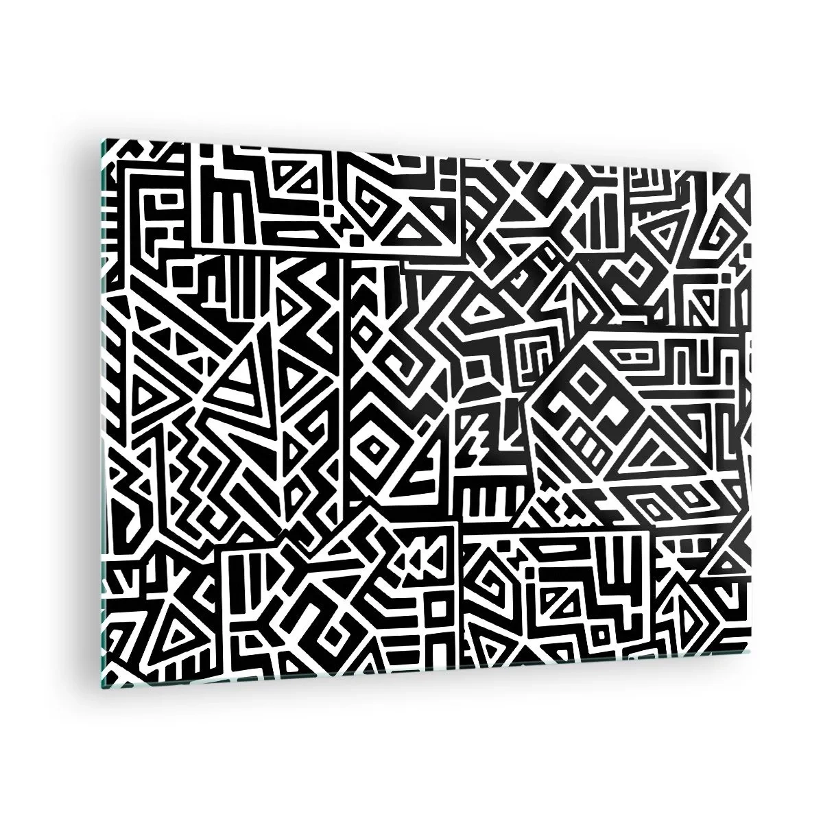 Obraz na skle - Čiernobiely vzor inšpirovaný kmeňovým umením - 70x50cm - Predkolumbovská kompozícia - Moderná nástenná dekorácia do obývacej izby a spálne ARTTOR