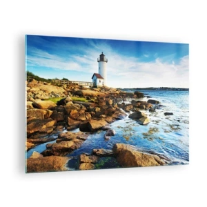 Obraz na skle - Maják na skalnatom pobreží za slnečného dňa - 70x50cm - Vráťte sa šťastne, čakám - Moderná nástenná dekorácia do obývacej izby a spálne ARTTOR