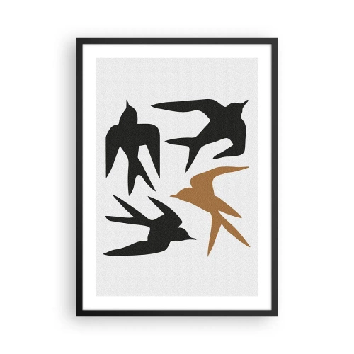 Plagát v čiernom ráme - Štylizované siluety lastovičiek na svetlom pozadí - 50x70cm - Lastovičky - Moderná nástenná dekorácia do obývacej izby a spálne ARTTOR