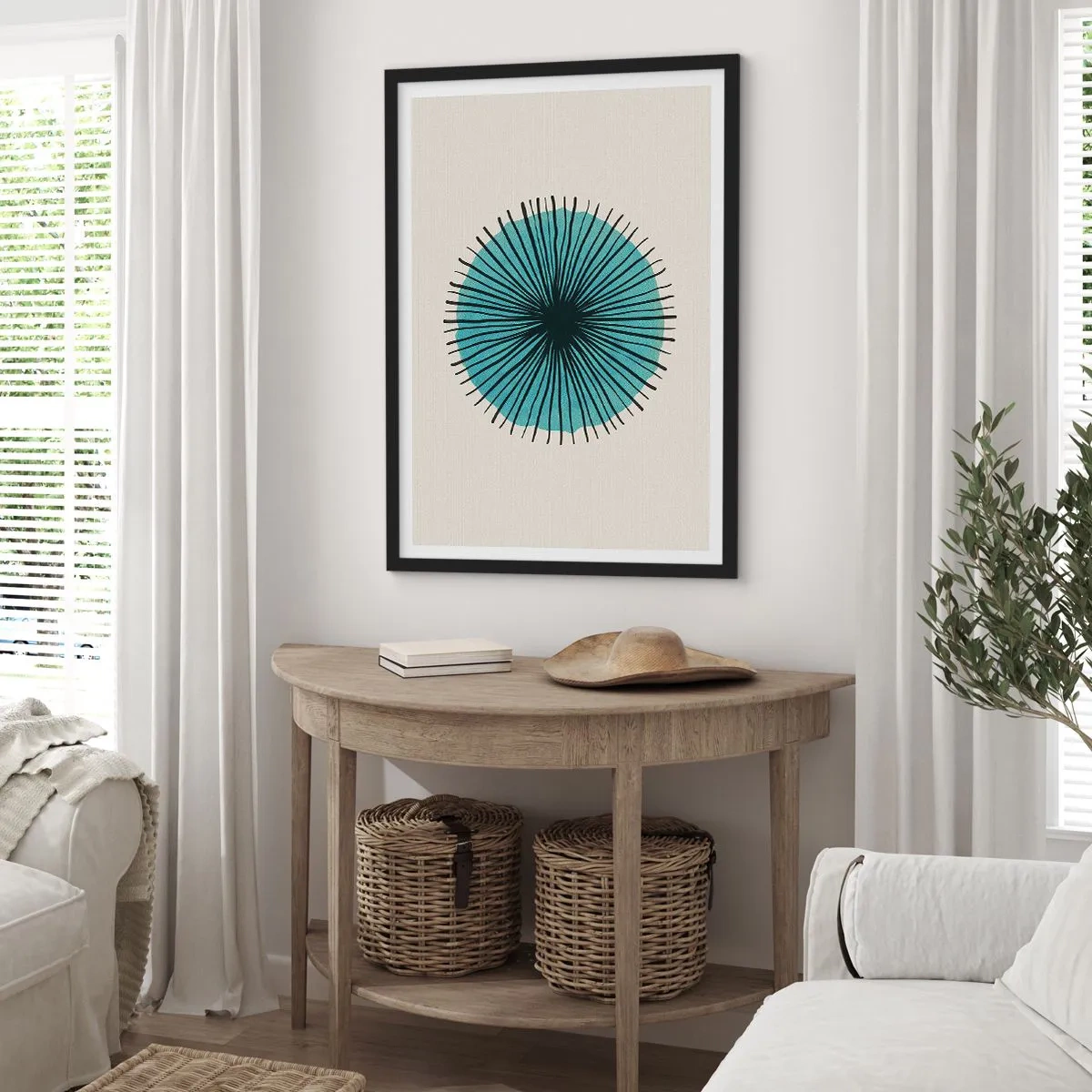 Plagát v čiernom ráme - Geometrický vzor v tvare radiálneho kruhu - 50x70cm - Žiariaca modrá - Moderná nástenná dekorácia do obývacej izby a spálne ARTTOR