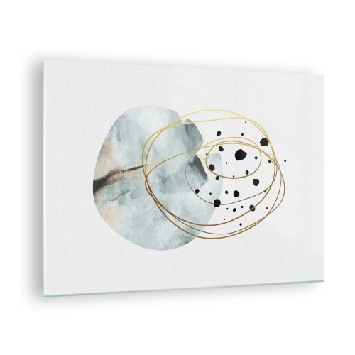 Obraz na skle - Abstraktná kompozícia s modrou škvrnou a zlatými čiarami - 70x50cm - V objatí priestoru - Moderná nástenná dekorácia do obývacej izby a spálne ARTTOR