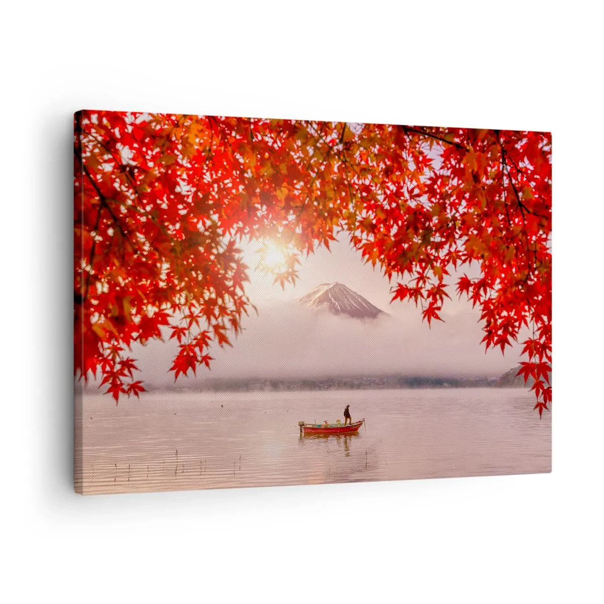 Obraz na plátne - Loď na jazere obklopená červenými javorovými listami - 70x50cm - V japonskom štýle - Moderná nástenná dekorácia do obývacej izby a spálne ARTTOR