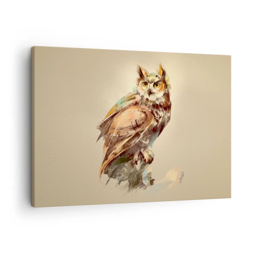 Obraz na plátne - Umelecký portrét sovy na svetlom pozadí v teplých odtieňoch. - 70x50cm - Najmúdrejšia sova - potvrdí to aj les - Moderná nástenná dekorácia do obývacej izby a spálne ARTTOR