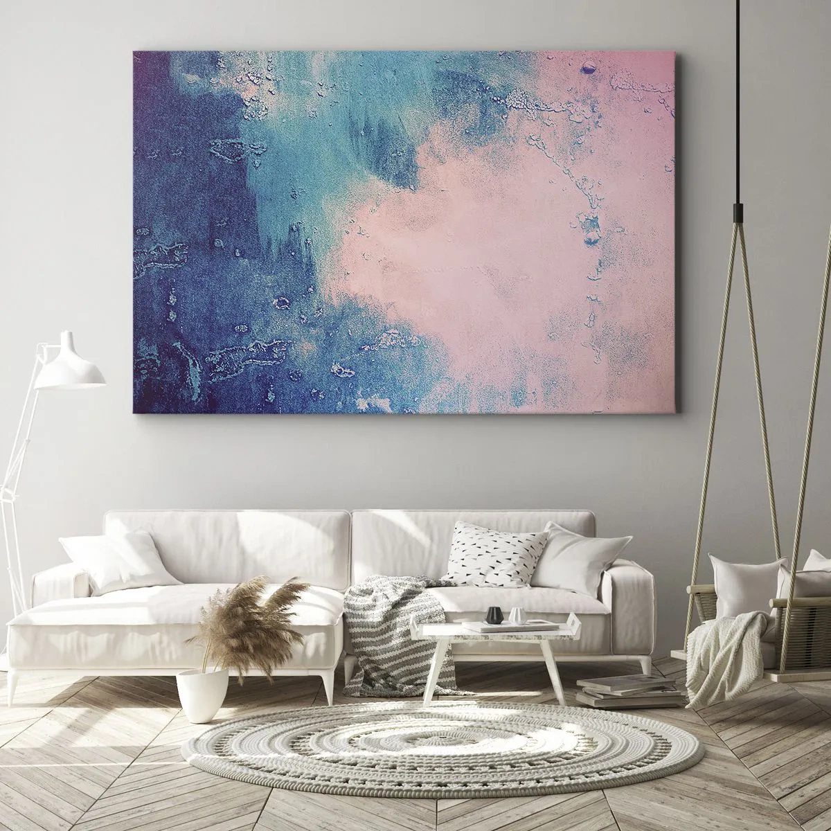 Obraz na plátne - Abstraktná textúra v odtieňoch ružovej a modrej - 70x50cm - Modré objatie - Moderná nástenná dekorácia do obývacej izby a spálne ARTTOR
