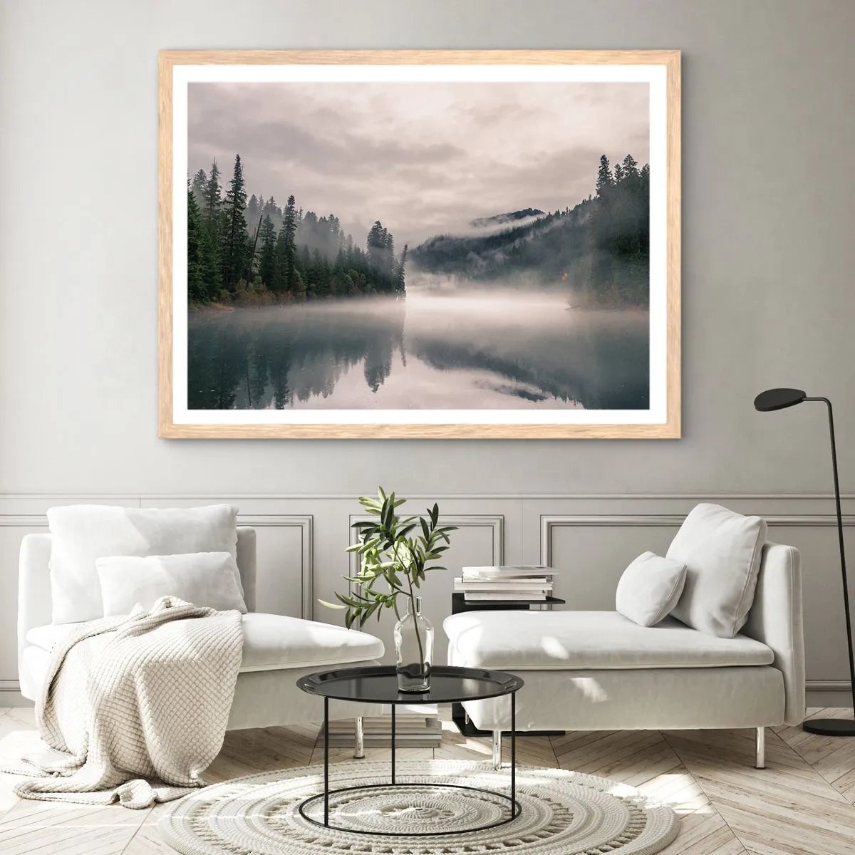 Plagát v ráme zo svetlého duba - V zamyslení, v hmle - 100x70 cm