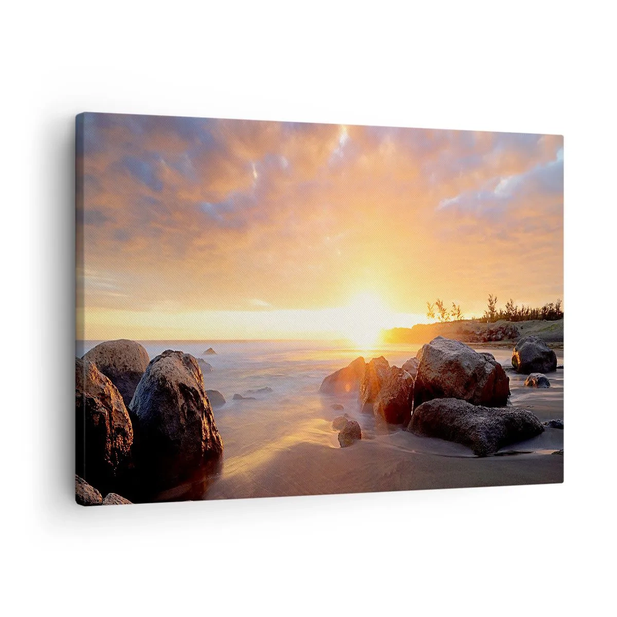 Obraz na plátne - Západ slnka nad skalnatým pobrežím - 70x50cm - Svetlý večerný vánok - Moderná nástenná dekorácia do obývacej izby a spálne ARTTOR