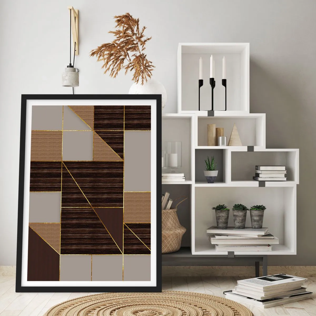 Plagát v čiernom ráme - Geometrická kompozícia v hnedých a zlatých odtieňoch - 50x70cm - Mozaika hnedej a zlatej - Moderná nástenná dekorácia do obývacej izby a spálne ARTTOR