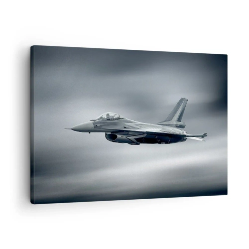 Obraz na plátne - Stíhačka za letu proti zamračenej oblohe - 70x50cm - Hodíš výzvu? - Moderná nástenná dekorácia do obývacej izby a spálne ARTTOR