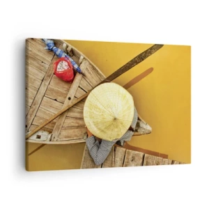 Obraz na plátne - Tradičná loď z vtáčej perspektívy - 70x50cm - Život na žltej rieke - Moderná nástenná dekorácia do obývacej izby a spálne ARTTOR