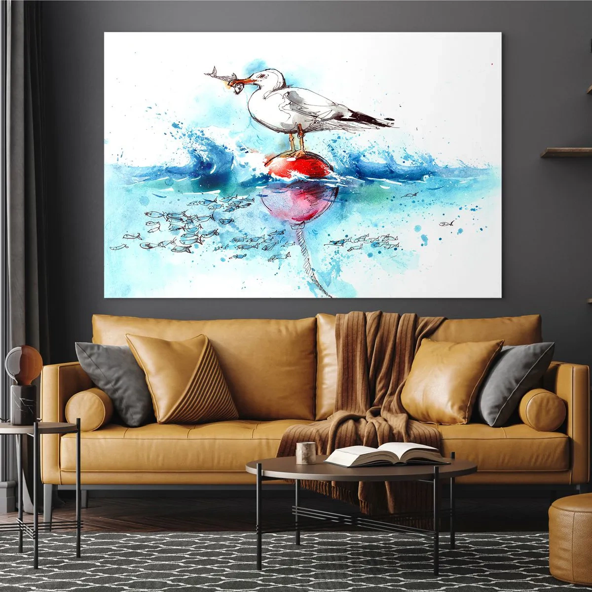 Obraz na skle - Čajka na bóji s rybou v pozadí morských vĺn - 70x50cm - Vydarený rybolov - Moderná nástenná dekorácia do obývacej izby a spálne ARTTOR
