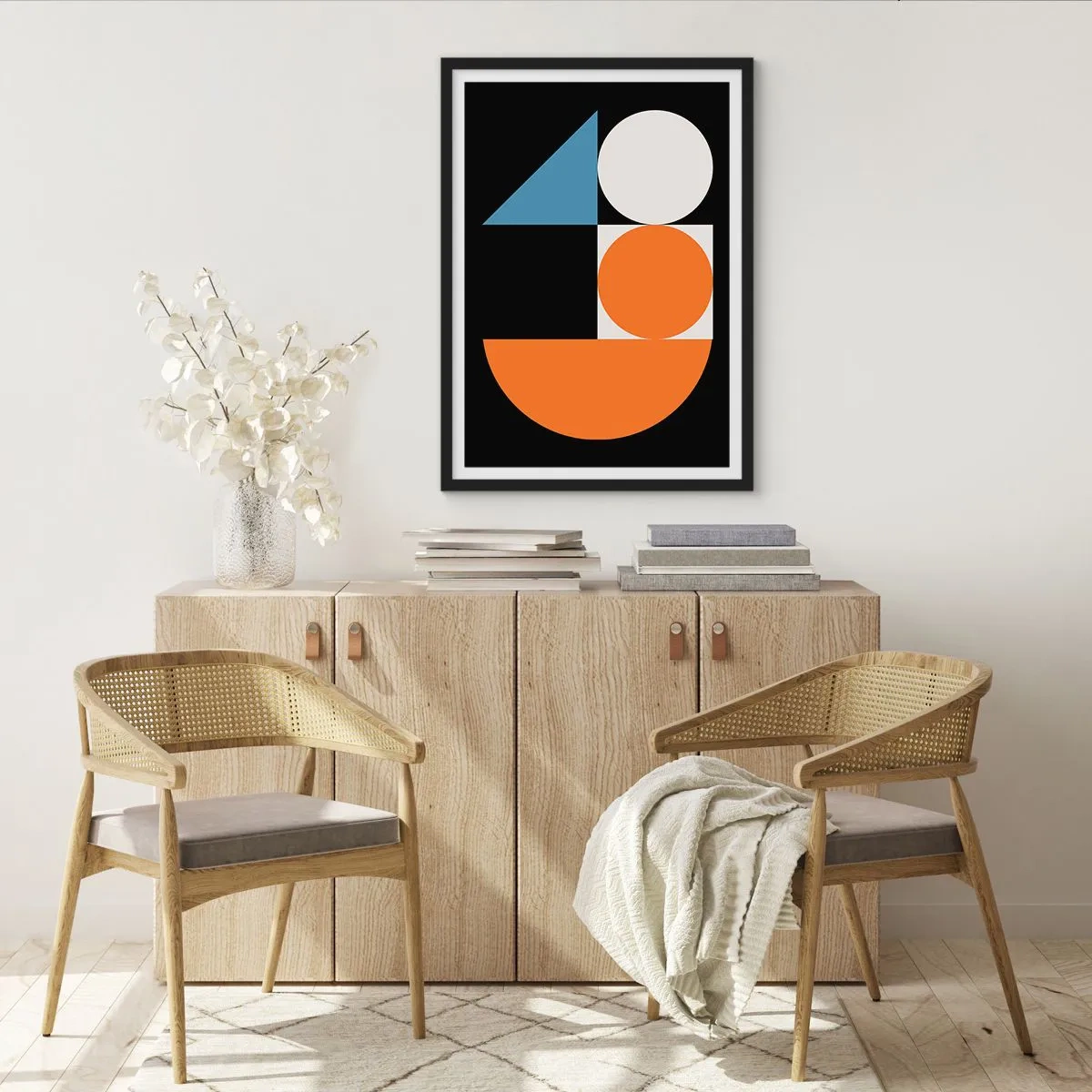 Plagát v čiernom ráme - Moderný geometrický vzor s kruhmi, trojuholníkmi a polkruhmi - 50x70cm - Figurínový systém - Moderná nástenná dekorácia do obývacej izby a spálne ARTTOR