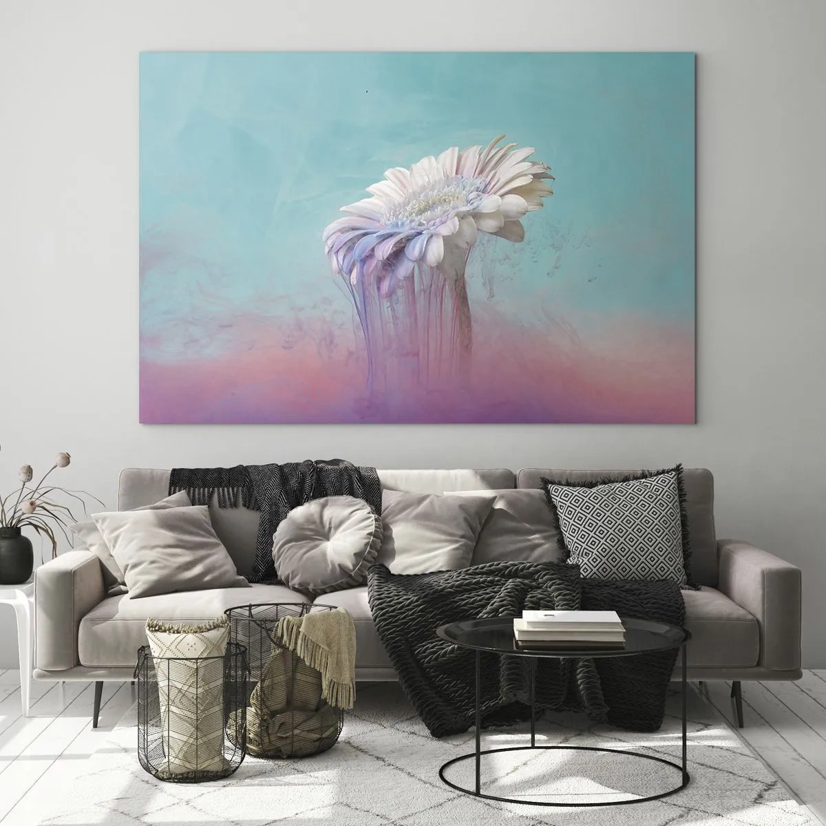 Obraz na skle - Jemný kvet ponorený do pastelových odtieňov modrej a ružovej - 70x50cm - Záhrobia kvetín - Moderná nástenná dekorácia do obývacej izby a spálne ARTTOR