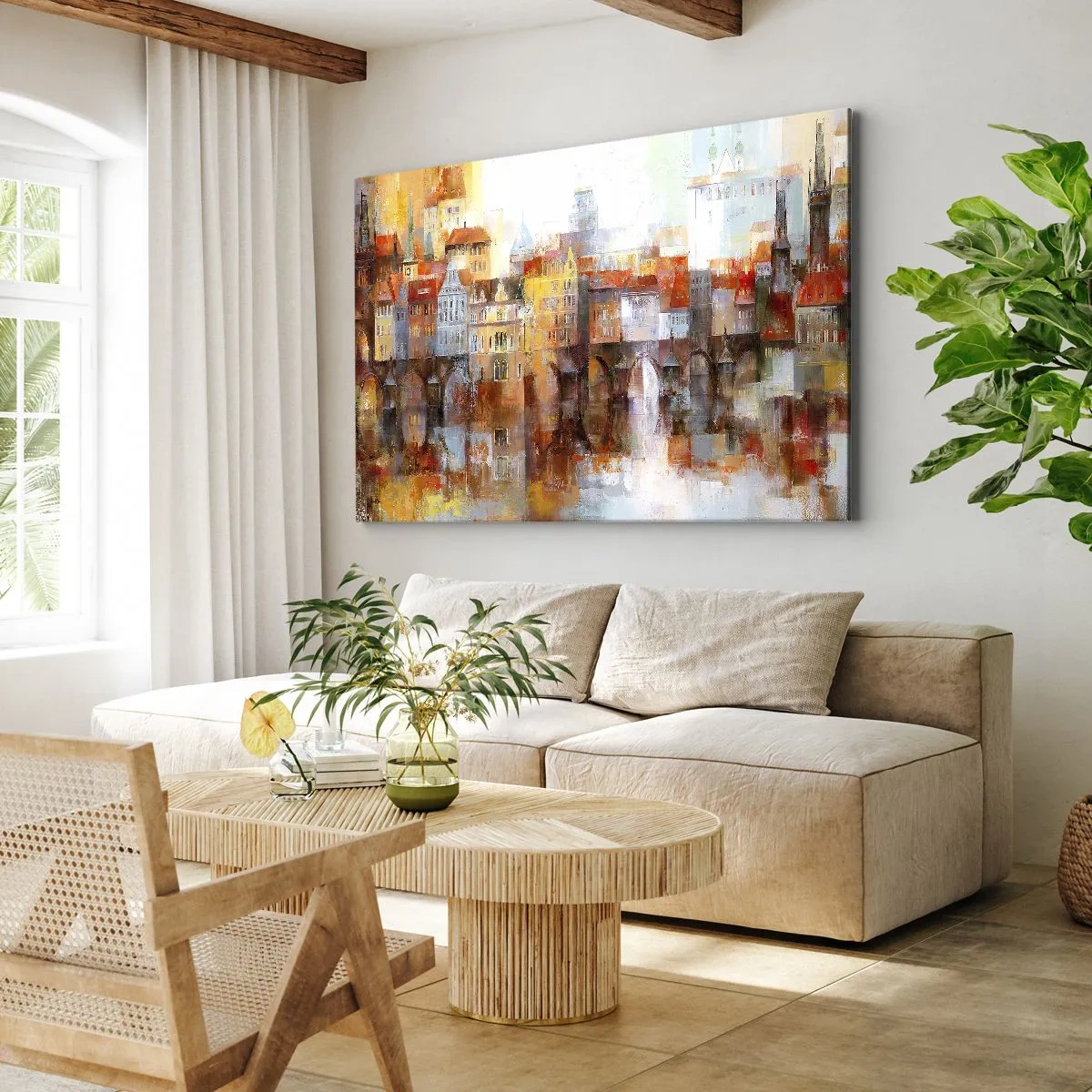 Obraz na plátne - Malebná panoráma mesta s mostom v jesenných farbách - 70x50cm - Pod mostom je tiež krásne - Moderná nástenná dekorácia do obývacej izby a spálne ARTTOR