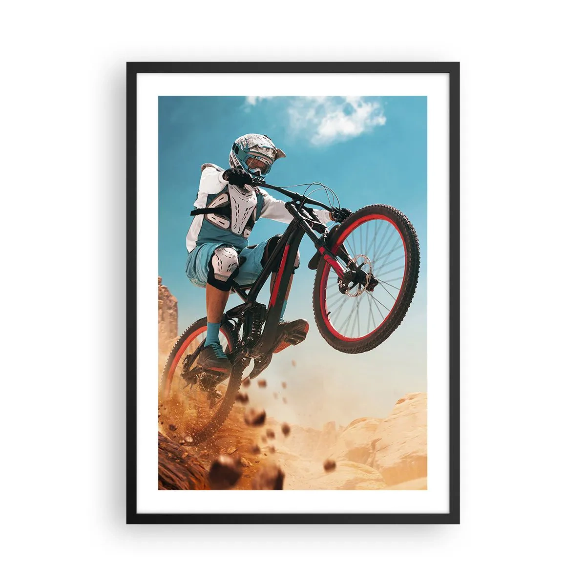 Plagát v čiernom ráme - Horský cyklista vykonáva dynamický skok na pozadí púštnej krajiny. - 50x70cm - Cyklistický démon šialenstva - Moderná nástenná dekorácia do obývacej izby a spálne ARTTOR