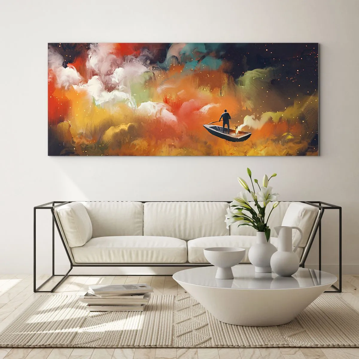 Obraz na skle - Loďou cez galaxiu - 90x30 cm