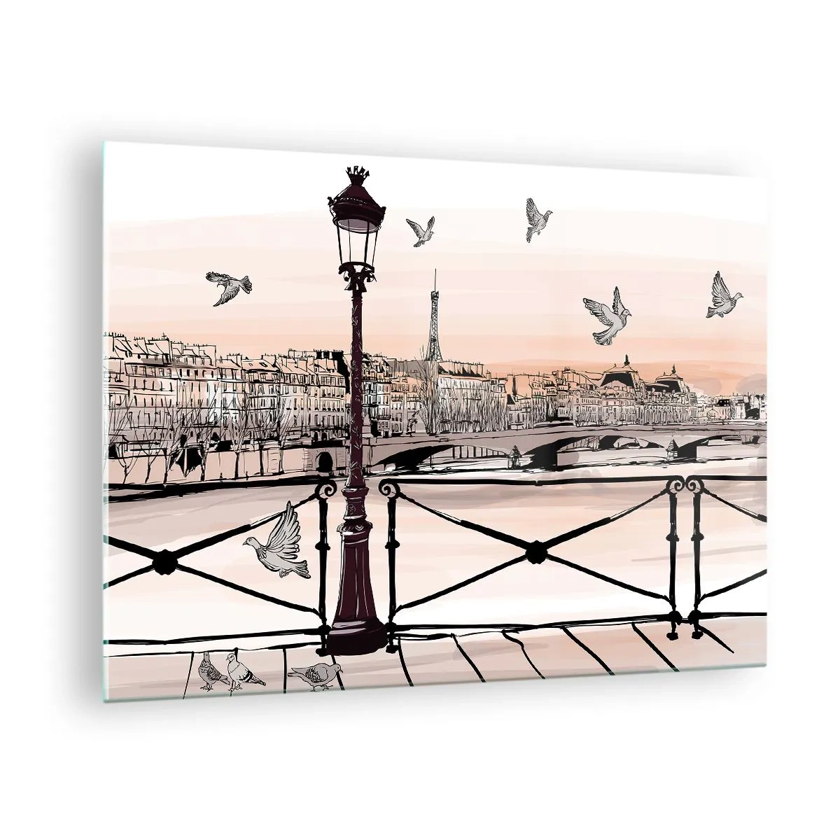 Obraz na skle - Ilustrácia parížskej ulice s výhľadom na Eiffelovu vežu za úsvitu - 70x50cm - Nad strechami Paríža - Moderná nástenná dekorácia do obývacej izby a spálne ARTTOR