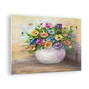 Obraz na skle - Kytica farebných kvetov v bielej váze - 70x50cm - Zátišie s bielou vázou - Moderná nástenná dekorácia do obývacej izby a spálne ARTTOR
