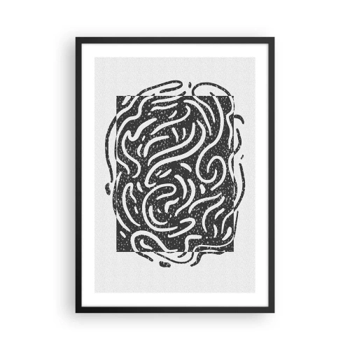 Plagát v čiernom ráme - Abstraktná kompozícia s dynamickými líniami a tvarmi v čiernej a bielej farbe. - 50x70cm - Abstrakcia: tanec radosti - Moderná nástenná dekorácia do obývacej izby a spálne ARTTOR